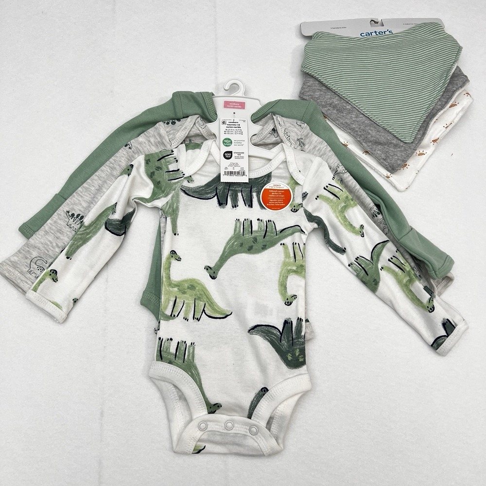 Carter's Just One You Newborn Long Sleeve Body Suit Bib Set 6pc Dinosaurs Green